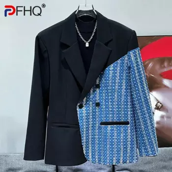 PFHQ Новый корейский популярный модный универсальный джинсовый цветной дизайн, повседневный свободный костюм 2024, мужские топы контрастного цвета 21Z5738