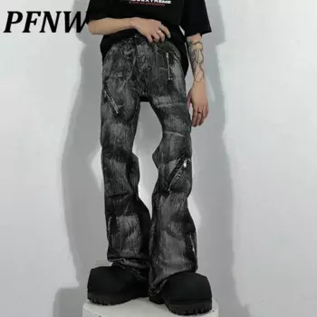 PFNW Мужские джинсы в темном стиле, свободные мужские джинсовые брюки с восковой застежкой-молнией в стиле пэчворк, прямой низ, широкие брюки, трендовые 12C655