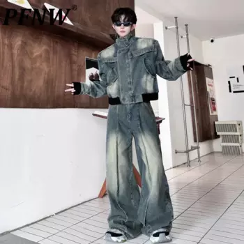 PFNW Мужской комплект 2024, осенняя джинсовая куртка с воротником-стойкой, мужские уличные широкие брюки, модный новый костюм 28W5081