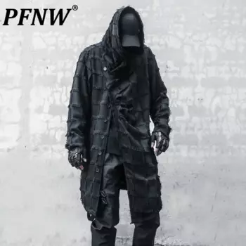 PFNW Необычный дизайн с косыми лацканами, черная ветровка средней длины с капюшоном, нишевый осенний длинный плащ с кисточками в стиле пэчворк 12C1109