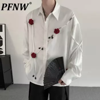 PFNW Осенняя мужская одежда, трехмерная нишевая белая мужская рубашка с украшением в виде Розы, свободный крой, топ из глянцевого ацетата с длинным рукавом 12C1220