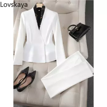 Пиджак и брюки женские с V-образным вырезом, Модный облегающий жакет и брюки, официальный комплект из 2 предметов, офисный костюм с синими и белыми штанами