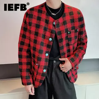 Пиджак IEFB нишевый дизайнерский мужской, повседневная клетчатая однобортная Свободная рубашка с карманами и пуговицами контрастных цветов, 9C7664
