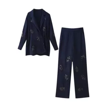 Пиджак с блестками на шнуровке и брюки, женский модный комплект с отложным воротником, рубашка с длинным рукавом и брюки с широкими штанинами, элегантный женский офисный костюм