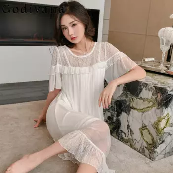 Пикантная Пижама женская французская кружевная ночная рубашка Летняя тонкая Тюлевая элегантная кружевная ночная сорочка с вырезами ночная рубашка