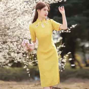 Пикантное ажурное жаккардовое атласное китайское традиционное женское платье-Ципао с коротким рукавом, вечернее платье