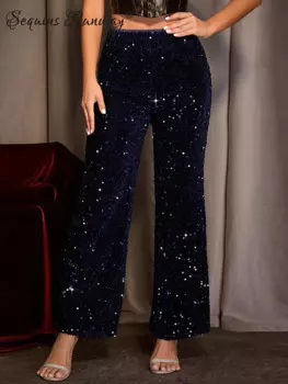 Пикантные винтажные черные широкие брюки с блестками, женские летние уличные брюки y2k с высокой талией, блестящие Клубные бриджи
