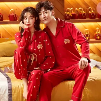 Пижама для пар, одежда для сна из чистого хлопка на осень и весну, мужская и женская одежда для сна красного цвета с длинным рукавом, женская пижама