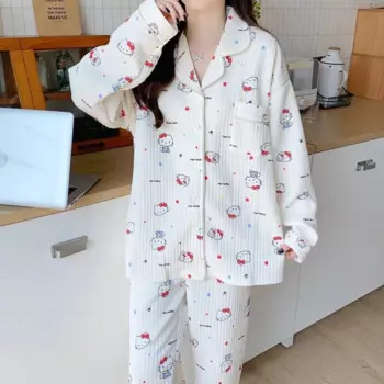 Пижама Hello Kitty, зимний хлопковый костюм, брюки с длинными рукавами, повседневный костюм-двойка, женская пижама с рисунком Sanrio Hello Kitty
