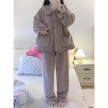 Пижама из кораллового бархата, женский милый кукольный воротник, кардиган из двух частей, можно носить на улице, домашний костюм, утолщенный зимний сезон
