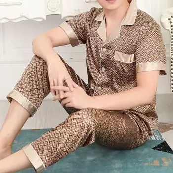 Пижама Мужская из вискозы с длинным рукавом, пижама для мужчин среднего возраста, костюм из искусственного шелка, весна-лето