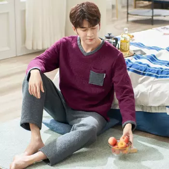 Пижама Мужская с V-образным вырезом, плотный ламинированный хлопковый домашний костюм с длинным рукавом, теплый тонкий стеганый костюм большого размера, Осень-зима