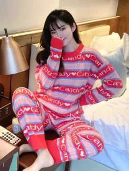 Пижама вязаная с надписью «Love» Женская, комплект из 2 предметов, модная одежда для сна с длинным рукавом, штаны, Рождественский домашний костюм, Осень-зима