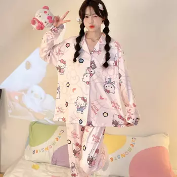 Пижама женская с рисунком, Повседневный Кардиган с отложным воротником, одежда для отдыха, комплект из двух предметов, Женская пижама с длинным рукавом, осень