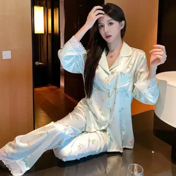 Пижамный комплект для сна, нижнее белье, рубашка с длинным рукавом и брюки, женский Шелковый Атласный Ночной костюм, домашняя одежда, весна-осень