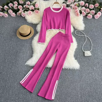 Пижамный комплект из двух предметов, женские повседневные брюки с боковыми вставками и разрезом, Женский Осенний укороченный свитер 2024, женский домашний костюм с высокой талией
