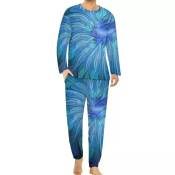 Пижамы с абстрактным цветочным рисунком и длинными рукавами, синие фантазийные комплекты из 2 предметов, ночные пижамные комплекты, осенняя мужская ночная рубашка большого размера с принтом Kawaii