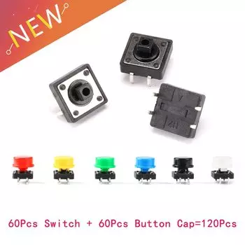 120 шт. = 60 шт. пластиковый тактильный переключатель PCB Такт кнопочный Мгновенный Переключатель 4 контакта + 60 шт. 6 цветов Накладка для кнопки 12*12*7,3 мм
