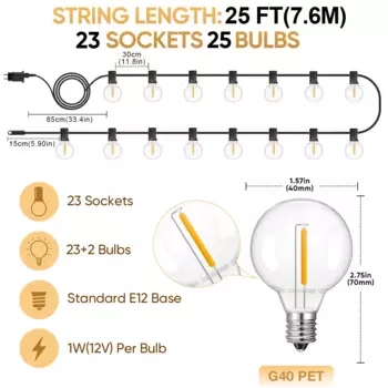 Grensk LED-гирлянда G40, пластиковая, 12В, 7.6 метра