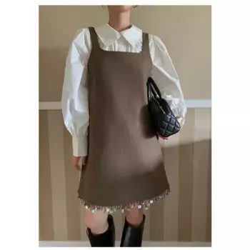 Платье Черное женское на бретелях с французской бахромой, Осеннее простое корейское шикарное милое красивое платье без рукавов в стиле преппи, платья 1462