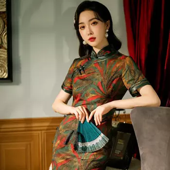 Платье-Ципао в улучшенном ретро-стиле женское, длинное атласное вечернее и праздничное банкетное в китайском стиле, пикантное платье-Ципао с коротким рукавом, весна-лето