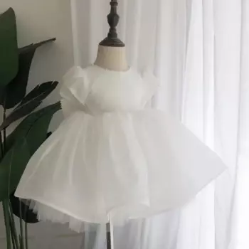 Платье детское белое с бантом и бусинами, A1266