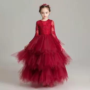 Платье детское, красное, из тюля, с длинным рукавом