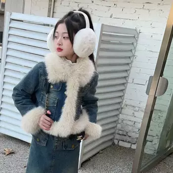 Платье для девочек, новинка, Осень-зима, модные комплекты в Корейском стиле, флисовый джинсовый костюм для маленьких девочек с меховым воротником и юбкой средней длины, костюм из двух предметов