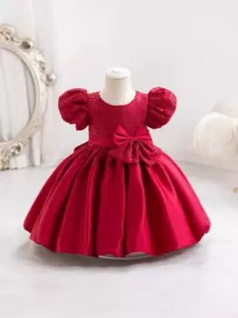 Платье для девочек, платье на один год, детское платье принцессы, пышное платье, атласное платье с объемными рукавами и бантом