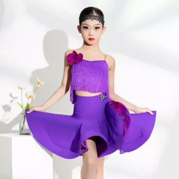 Платье для латиноамериканских танцев для девочек, фиолетовые топы с кисточками, женская одежда для тренировок, профессиональные Костюмы для латиноамериканских танцев DN16033