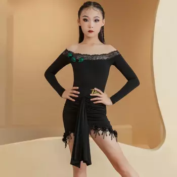 Платье для латинских танцев 2024, черное кружевное платье с длинными рукавами для девочек, тренировочная одежда, детский танцевальный костюм для румбы, ча-ча, BL13859