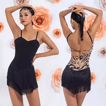 Платье для латинских танцев женское Танго Сальса ча Самба Румба тренировочная одежда черное сексуальное платье без рукавов с открытой спиной и бахромой DNV14945
