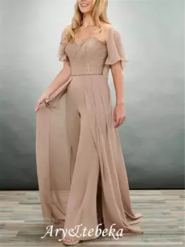 Платье для матери невесты, элегантное и роскошное шифоновое кружевное платье со шлейфом и коротким рукавом