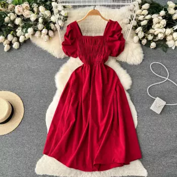 Платье для отпуска в французском ретро-стиле с квадратным вырезом, женское летнее плиссированное платье с коротким рукавом и пузырьками