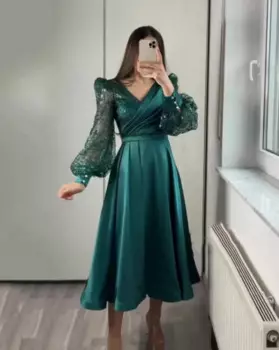 Платье для выпускного из Саудовской Аравии, атласное платье А-силуэта с V-образным вырезом, вечерние платья для женщин, элегантное блестящее вечернее платье с длинными рукавами