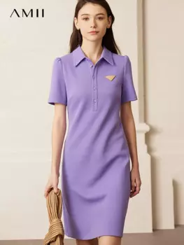 Платье-футболка AMII в минималистском стиле, однотонное платье-поло с воротником, Новинка лета 2023, офисные женские повседневные платья с коротким рукавом, женские платья 12371017