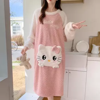Платье HelloKitty с героями мультфильмов, зимнее утолщенное платье из чистого хлопка с круглым вырезом и длинными рукавами, женская юбка, новая женская пижама Sanrio