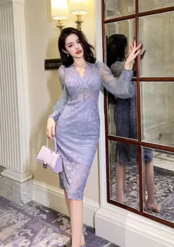 Платье-Карандаш женское кружевное с V-образным вырезом и пышными рукавами