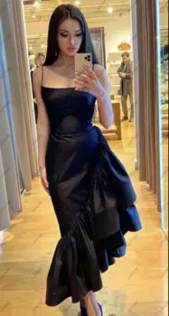 Платье LIYYLHQ длиной ниже колена для выпускного вечера из Саудовской Аравии на бретелях-спагетти женское платье черное атласное вечернее платье-Русалка 2024