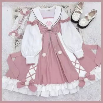 Платье Лолиты оверсайз Meow Paw для женщин, милое платье с матросским воротником и бантом, Vestidos Mujer Y2k, новые зимние платья с длинными рукавами для девочек