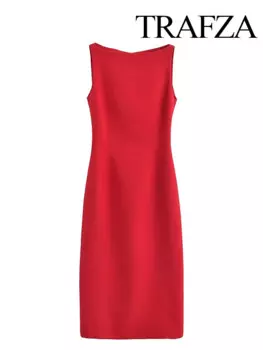 Платье-миди с разрезом, круглым вырезом, без рукавов