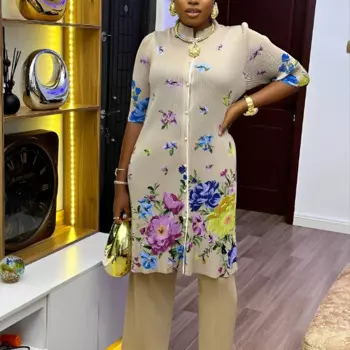 Платье Мияки, плиссированное модное приталенное платье с принтом, круглым вырезом, рукавом три четверти, широкими штанинами, длинные брюки, комплект больших размеров