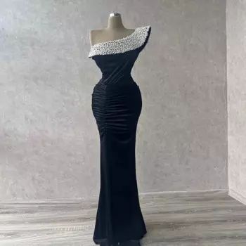 Платье на Одно Плечо для выпускного вечера с бисером, плиссированное вечернее платье-русалка, Черное длинное платье в пол