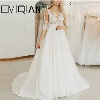 Платье невесты с иллюзией линии и круглым вырезом с бантом и аппликациями с короткими рукавами Свадебные платья Robe De Marie