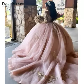 Платье принцессы с открытыми плечами, бусинами и аппликацией, 16-летнее платье с розовыми цветами, праздничное платье со шлейфом, 2023