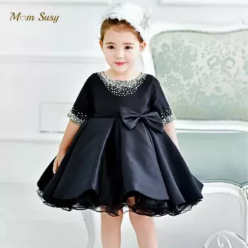 Платье принцессы с жемчугом и бусинами для маленьких девочек, шелковое платье с рукавом до локтя для младенцев, винтажное платье с бантом для вечеринки, карнавальный костюм на день рождения