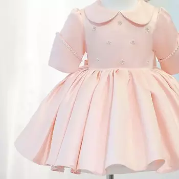 Платье принцессы с жемчужными бусинами для маленьких девочек, детское винтажное платье с коротким рукавом и бантом, платье с круглым воротником для вечеринки, карнавальный костюм на день рождения