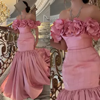 Платье-Русалка с цветочным принтом и открытыми плечами, длиной до пола, официальное вечернее платье с коротким рукавом и рюшами