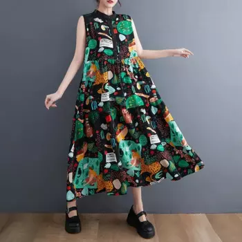 Платье с животным принтом зоопарка, длинное платье на пуговицах с боковым карманом на груди, повседневное многоуровневое платье макси без рукавов