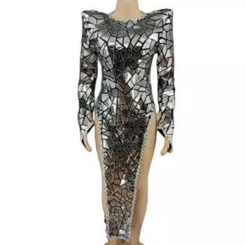 Платье серебристое с зеркальным покрытием, платье с длинным рукавом для выпускного вечера, соблазнительный наряд для вечеринки, одежда для диджея, танцора, Женский сценический костюм для певицы